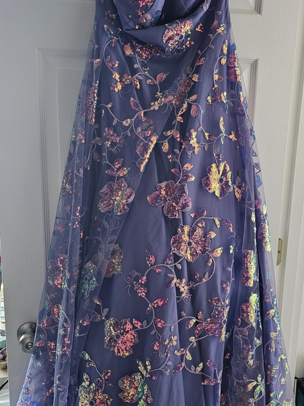 TLC Purple Prom Dress with Multicolor Sequin Floral Embroidery